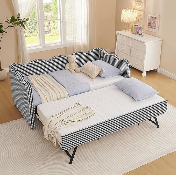 KEIKI Twin Size Upholstery Daybed with Trundle and USB, Twin to King Design Adorable Wave Shaped ... | Amazon (US)