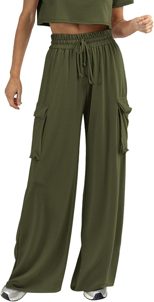 Wide Leg Cargo Pants Palazzo Trouser, Elastic High Waisted, Loose Fit Lounge Pant | Amazon (US)