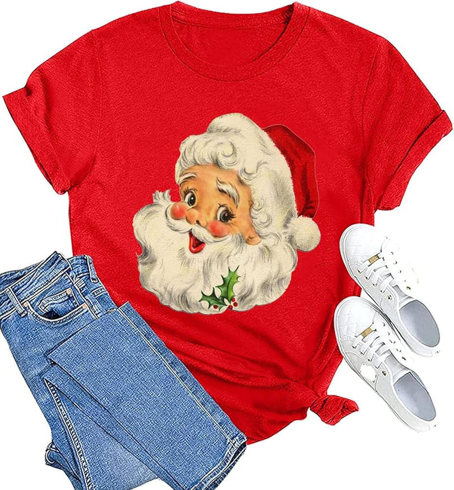 Santa Claus Christmas T-Shirt for Women Vintage Christmas Graphic Shirts Funny Xmas Gift Top Casu... | Amazon (US)