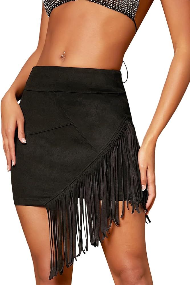Milumia Women's Boho Fringe Hem Mini Skirt High Waisted Asymmetrical Short Skirts | Amazon (US)