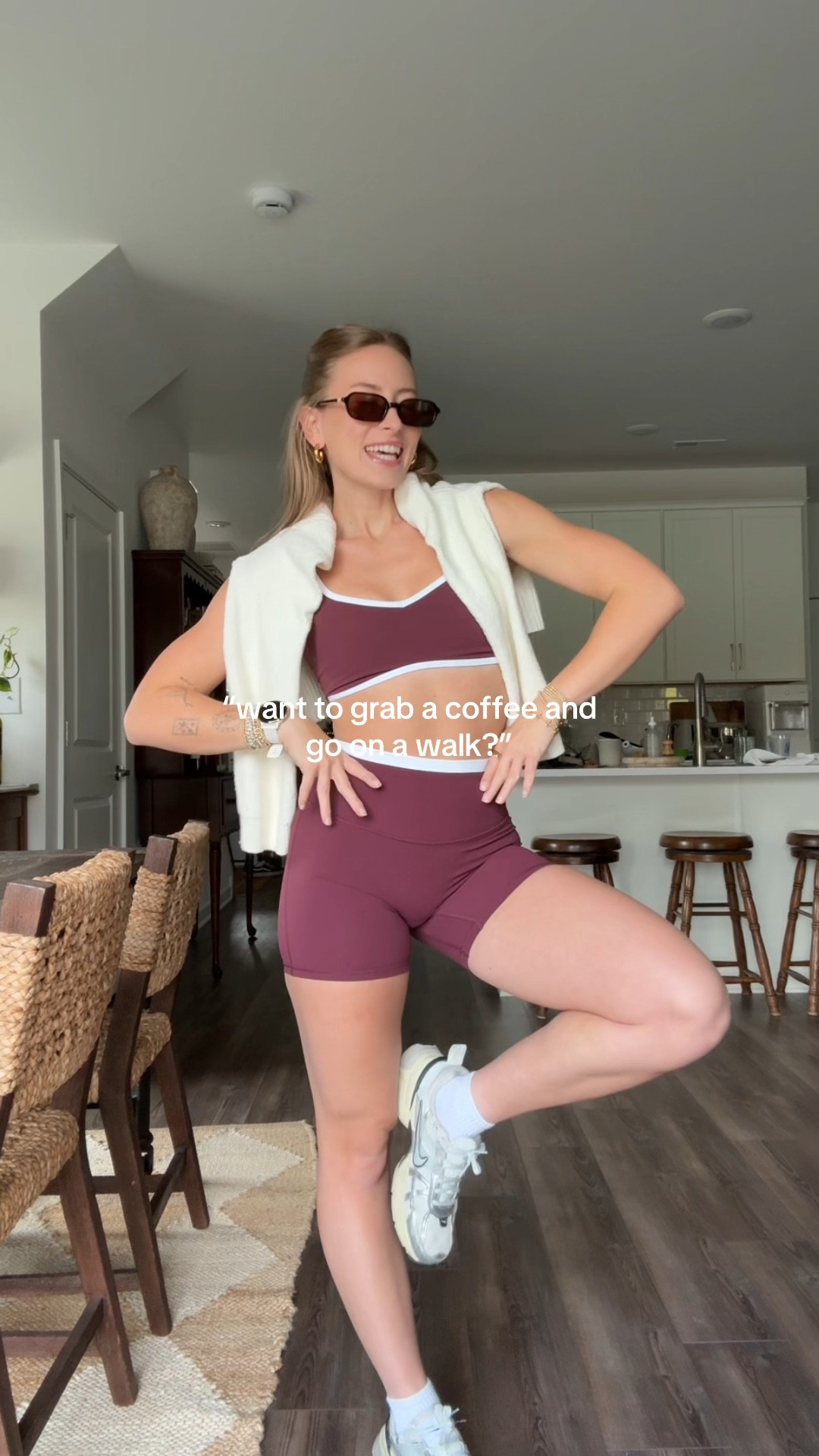 10/17/25 Cozy fall morning walk outfit 🧘‍♀️ Linking my Abercrombie YPB burgundy biker shorts set, a soft white cardigan sweater layered on top, my Nike sneakers, Amazon crew socks, and my Garmin watch — the perfect combo for a crisp fall morning stroll. (Wearing a size xs in the set)

