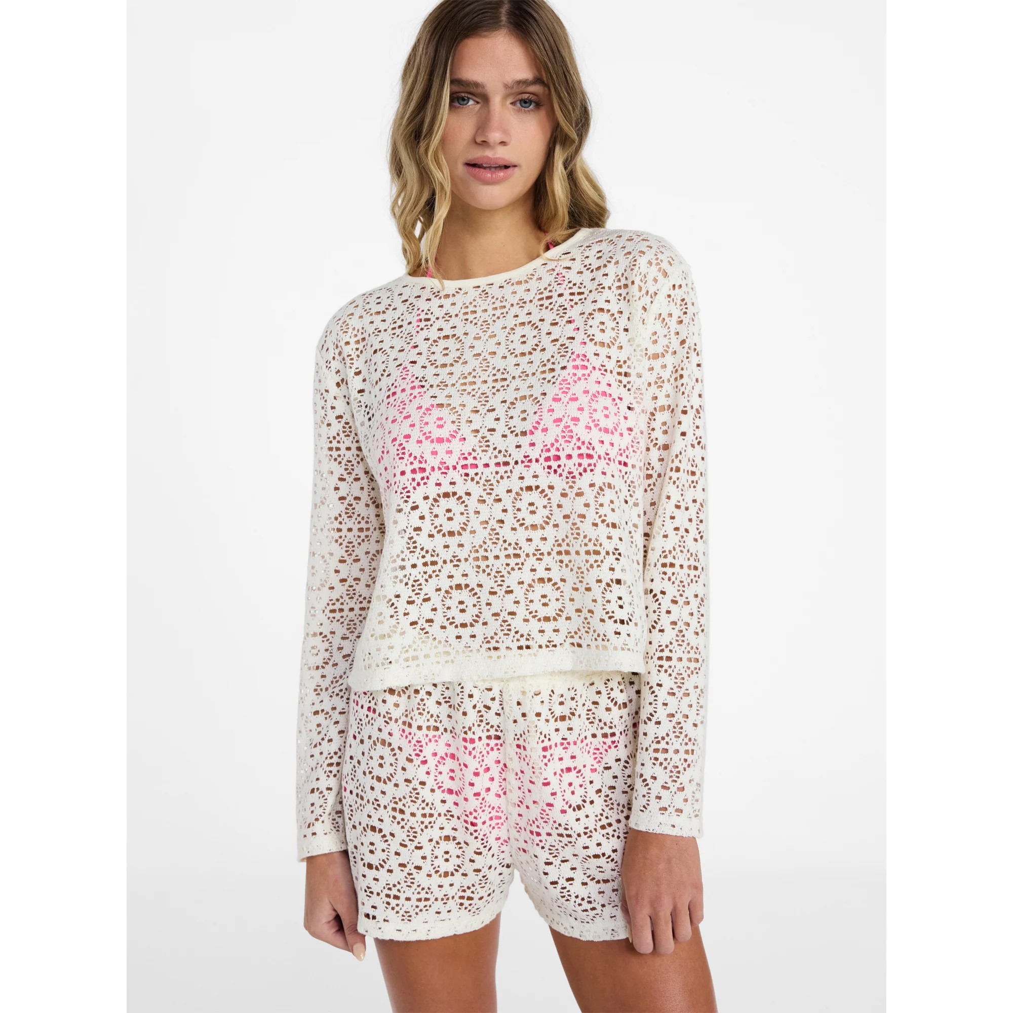 No Boundaries Crochet Coverup Top with Long Sleeves, Women's XXS-XXL | Walmart (US)