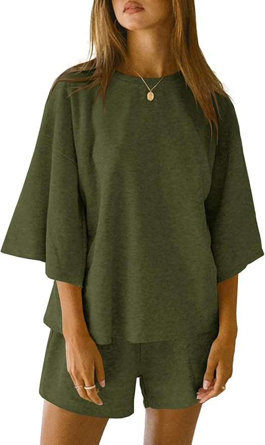Tankaneo Womens 2 Piece Outfits 3/4 Sleeve Oversized Tops and Elastic Waist Shorts Lounge Sets Lo... | Amazon (US)