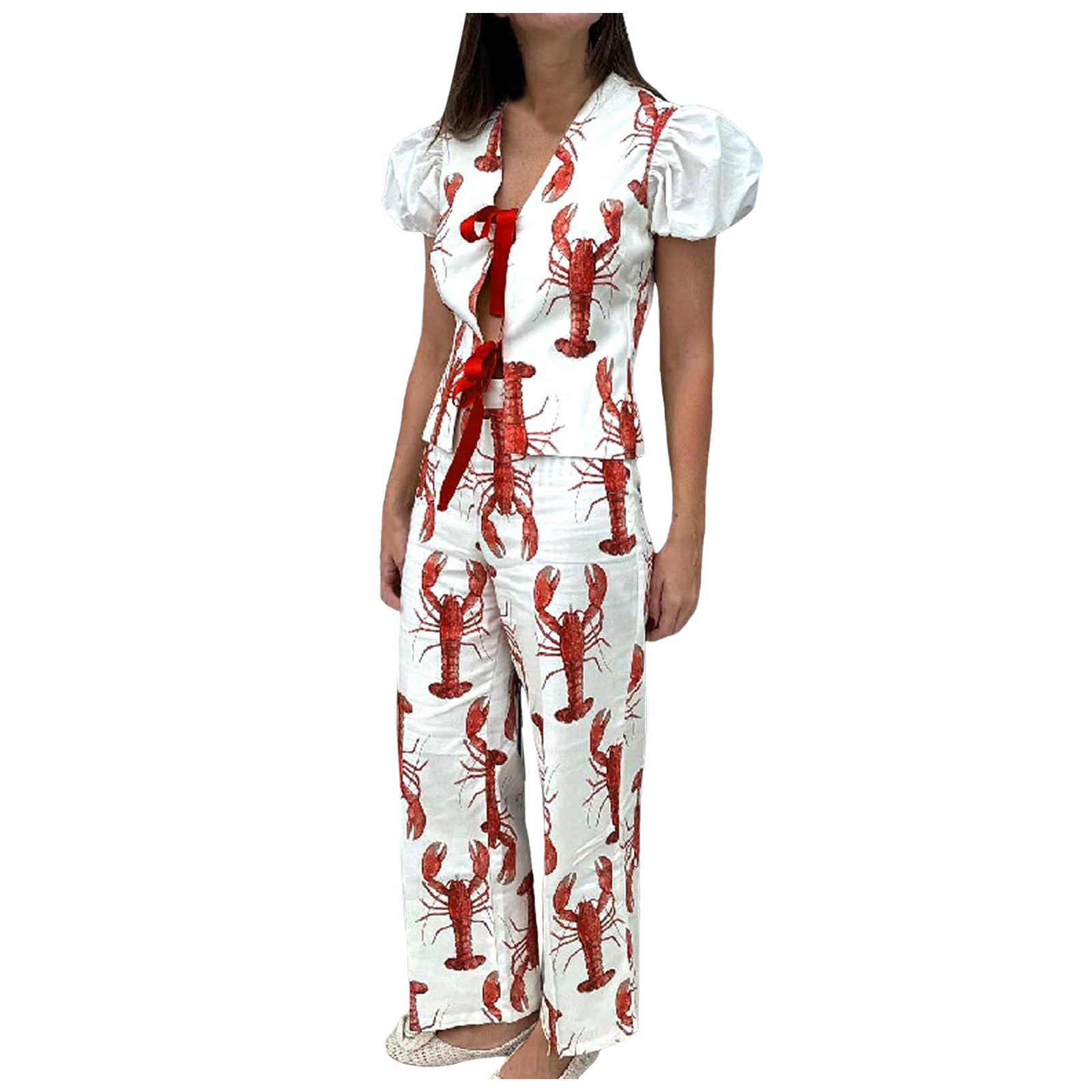 TENSUNNYD Women 2 Piece Pants Set Red Lobster Printed Pants Set Fashion Short Puff Sleeve Lace Up... | Walmart (US)