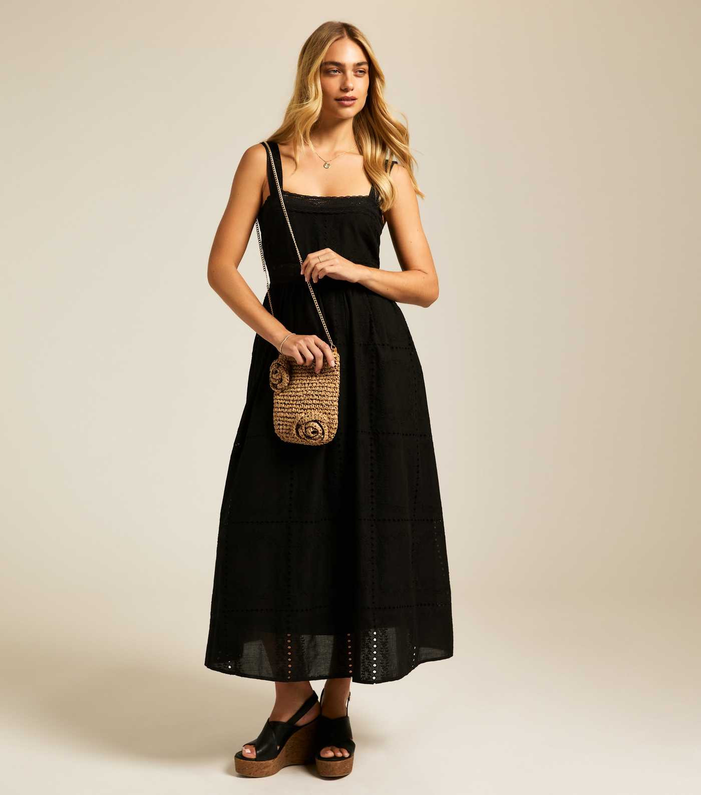 Black Broderie Anglaise Lace Trimmed Square Neck Midi Dress | New Look | New Look (UK)