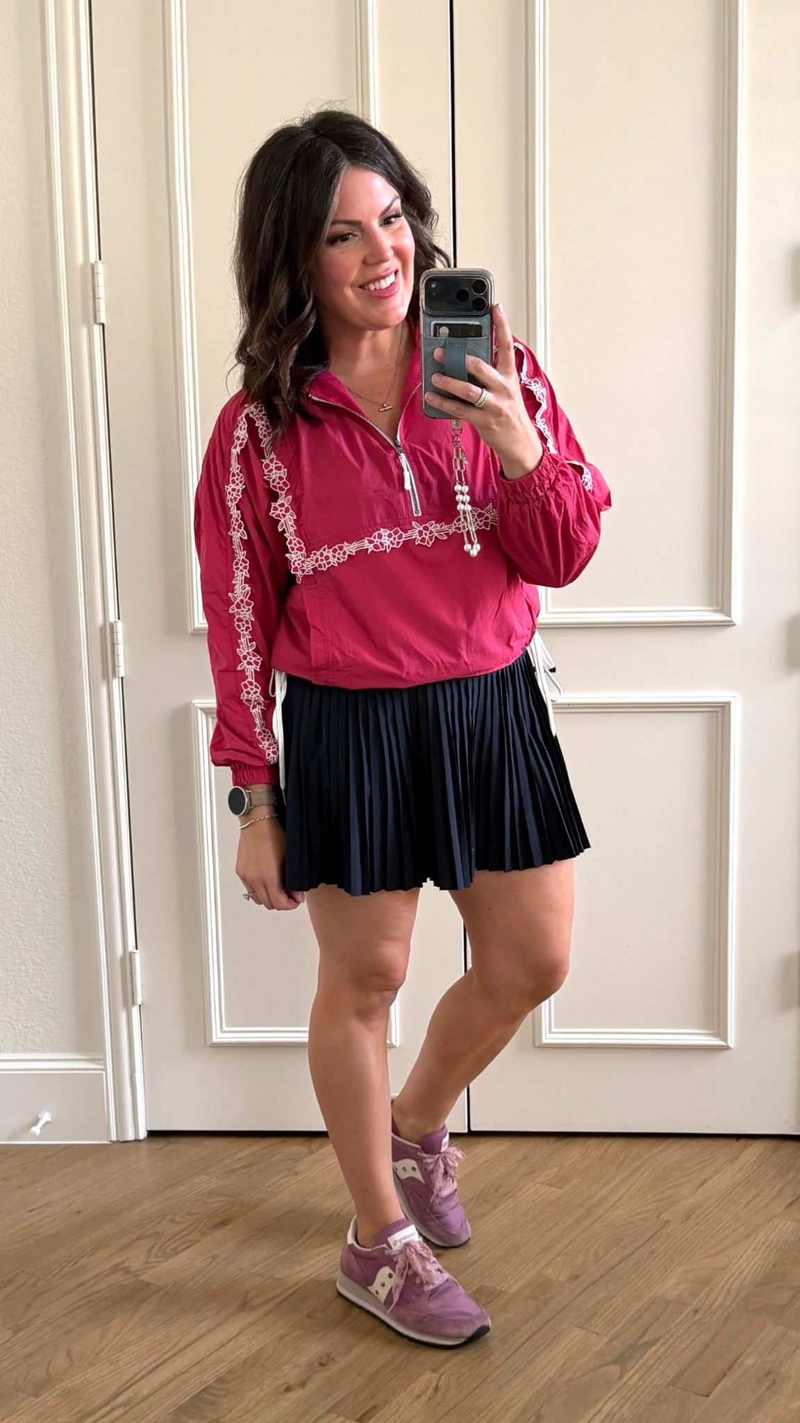 Raspberry match wind breaker that is so pretty! I runs big so sized down one to a small. It’s perfect and I can still wear a layer under it. Skort is a favorite Amazon find. I have the navy and purple. It’s slightly longer than other brands. I stay tts in Medium in it. Paired with Amethyst shoes and lilac laces with raspberry lip applied lightly instead of full on. Mom outfit for tennis and gymnastics practice tonight. Work from home  

#LTKActive #LTKootd #LTKmomlife