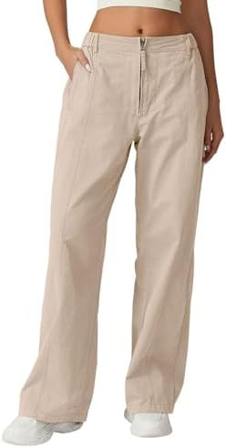 QINSEN Womens Zip Front Wide Leg Long Pants High Waist Causal Cargo Pants Cotton Pocket Palazzo P... | Amazon (US)