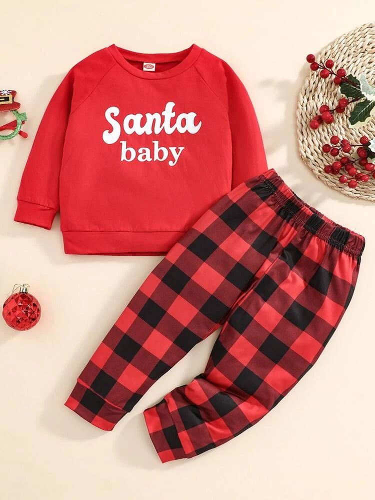 Baby Christmas Letter Graphic Pullover & Buffalo Plaid Sweatpants | SHEIN