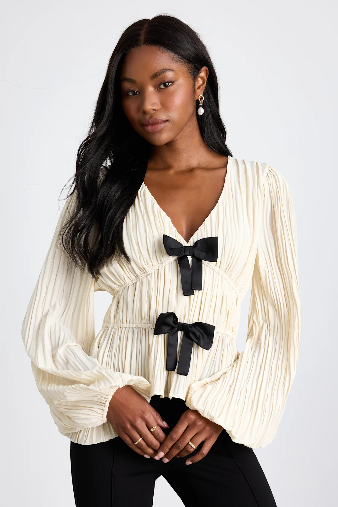 Yvetta Cream Plisse Balloon Sleeve Bow Top | Lulus