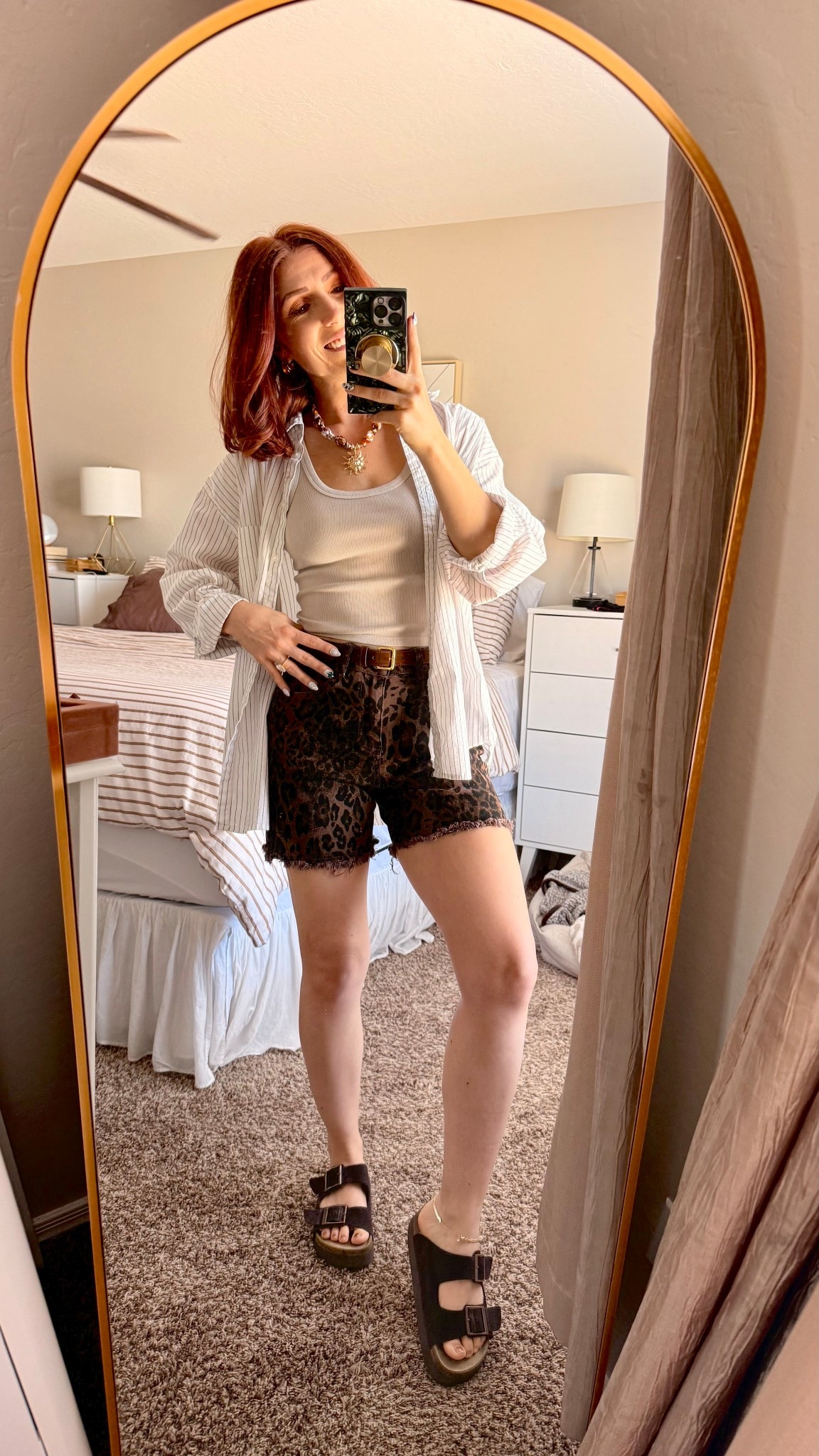 Leopard print shorts- sized down to a small for my waistband they’re perfect!
Fun gold sun scarf necklace- perfect for spring and summer!
Platform “suede” clogs- tts and SO comfy.

#ltkgrwm #ltkootd #ltkmomlife