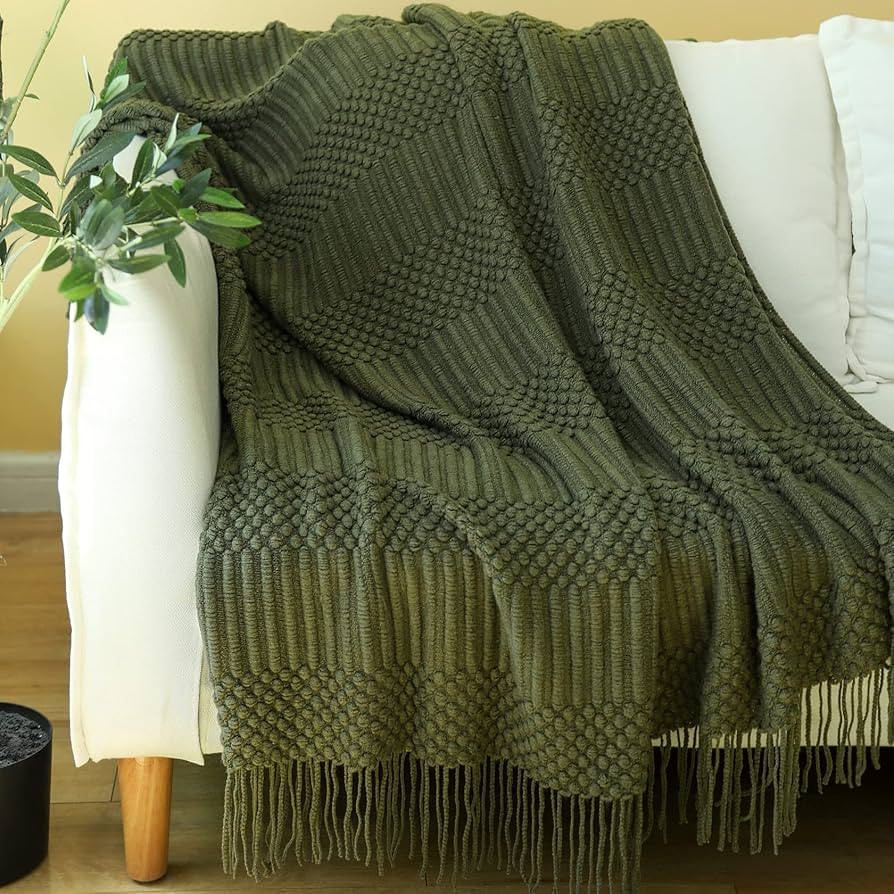 Blagic Knitted Throw Blanket for Couch, Bed and Sofa. Super Soft Blanket with Tassels, Olive Gree... | Amazon (US)