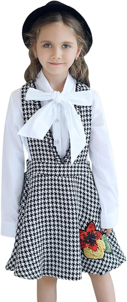 Kid Girls' Outfit Bowknot Collar White Shirt V-Neck Houndstooth Dress Set | Amazon (US)