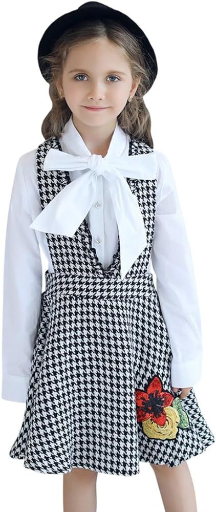 Kid Girls' Outfit Bowknot Collar White Shirt V-Neck Houndstooth Dress Set | Amazon (US)