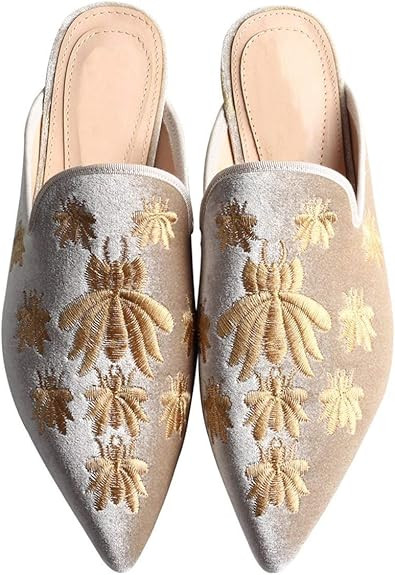 Amazon.com | Volrina Women's Velvet Backless Pointed Toe Loafers - Embroidered Slip On Mule Slipp... | Amazon (US)