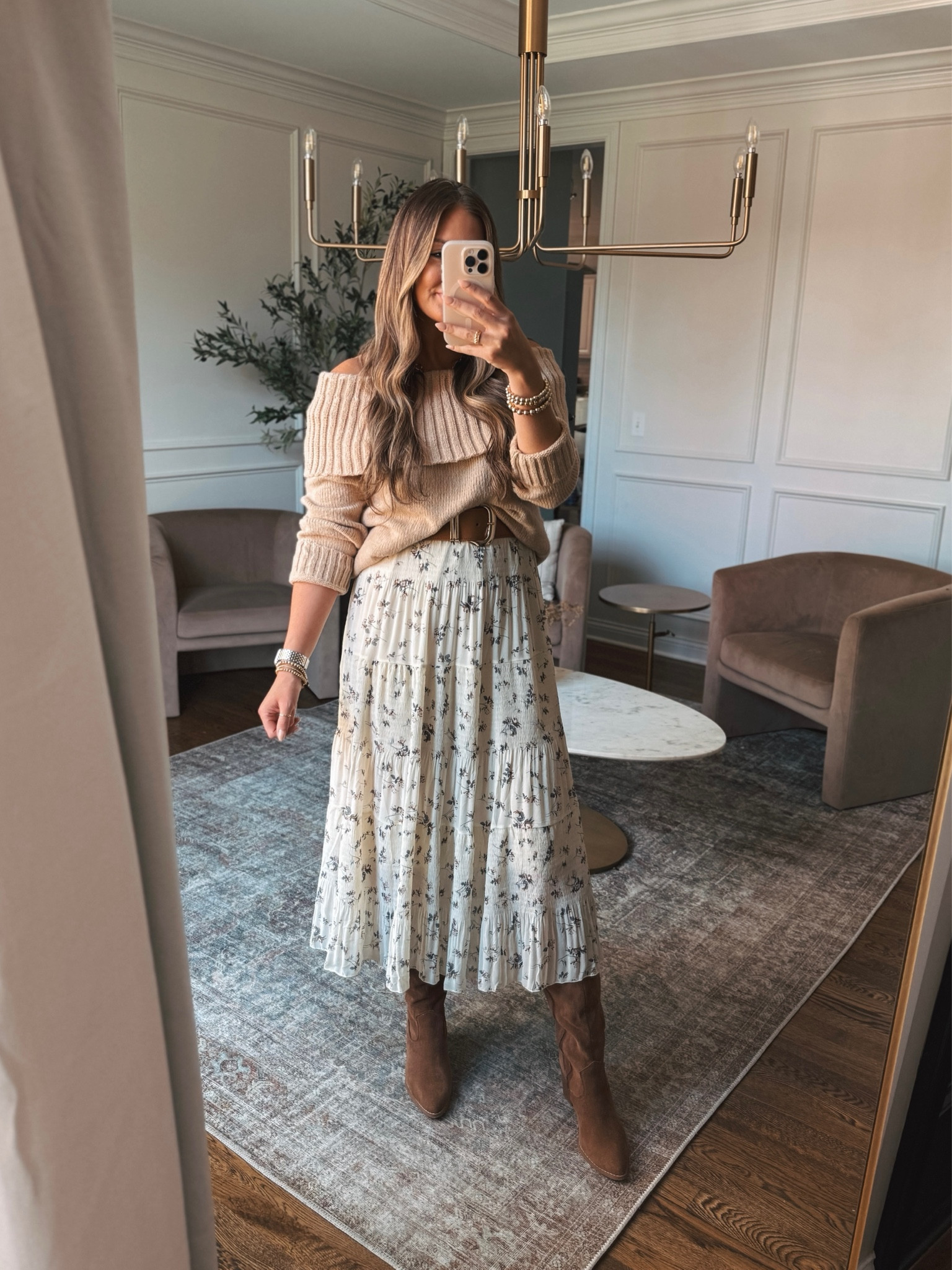 Fall outfit idea with the prettiest fall maxi skirt and off the shoulder chunky sweater! Plus my favorite knee high boots! All fit tts. 

#LTKParties #LTKSeasonal #LTKHoliday