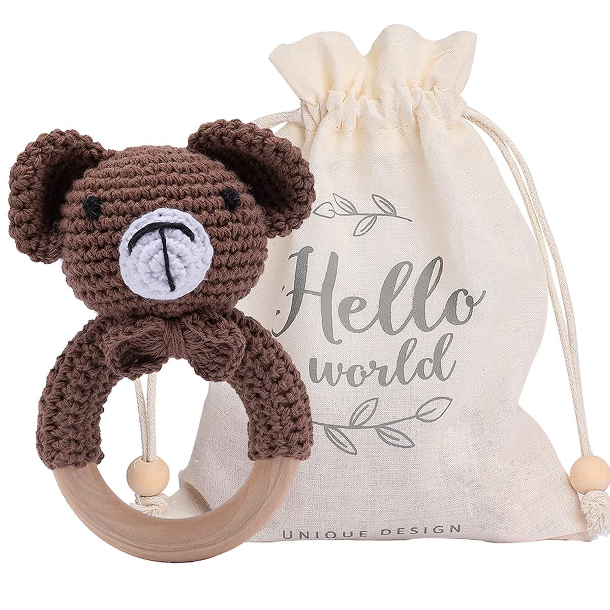 Youuys Wooden Baby Rattle Toy for 0 3 6 Months, Crochet Bear Rattle Bell Wooden Teether Ring, Cut... | Amazon (US)