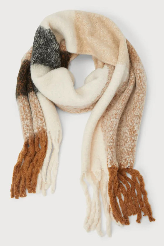 Cozy Addition Brown Multi Marled Plaid Fringe Oversized Scarf | Lulus