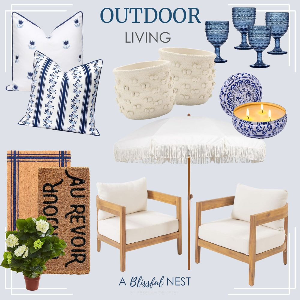 The perfect mix of coastal charm and everyday comfort for your backyard. Shop the collection.

white and blue embroidered pillows, cream textured planters, blue glass goblets, blue and white decorative candle, fringed white patio umbrella, wooden armchairs with white cushions, au revoir doormat, striped doormat, faux white hydrangea plant 

 #LTKHome