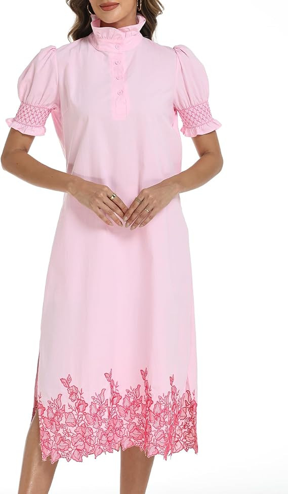 Women's Summer Embroidered Midi Dress 2026 Short Puff Sleeve Ruffle Collar Button Front Shift Dre... | Amazon (US)