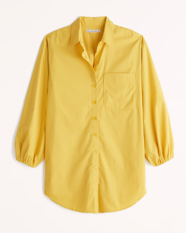 Long-Sleeve Poplin Puff Sleeve Shirt Dress | Abercrombie & Fitch (US)