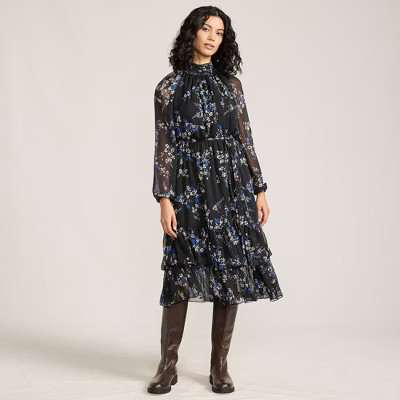 Lands' End Women's Crinkle Chiffon Ruffle Dress - Small - Black/Lapis Fall Floral | Target