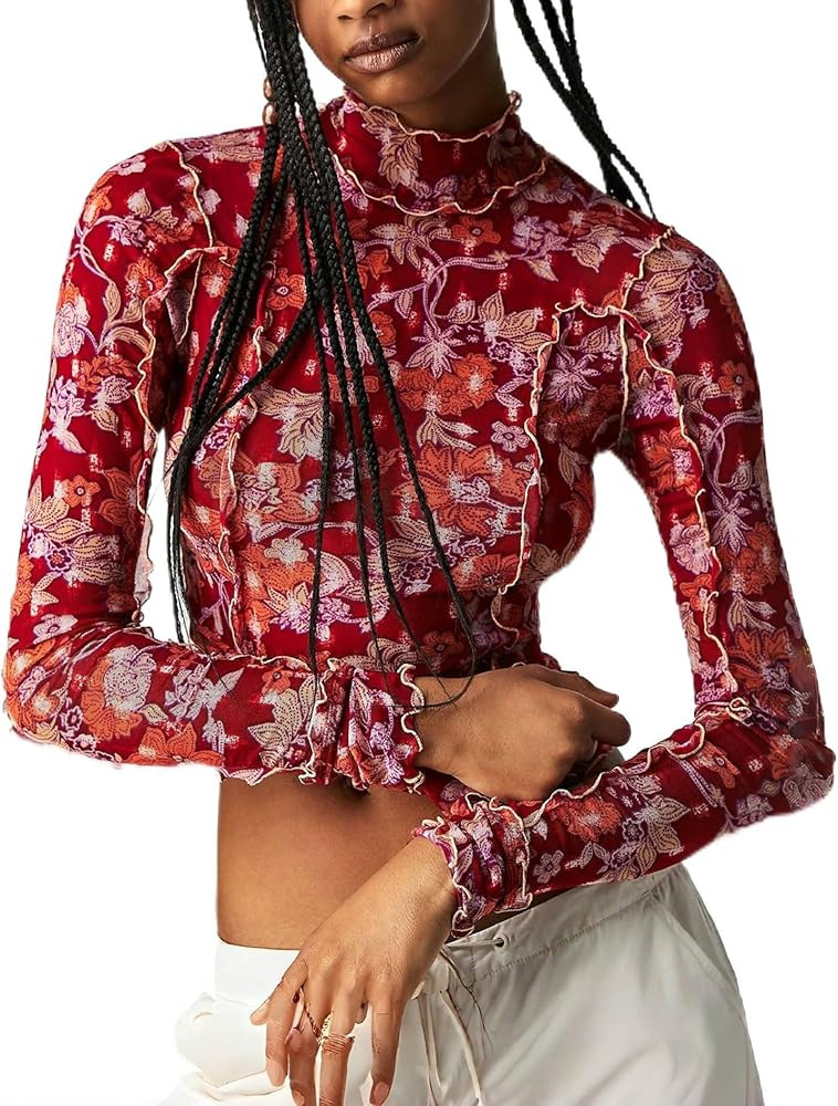 Women Long Sleeve Mesh Crop Top Y2k Off Shoulder Lace T Shirt See Through Slim Fit Sheer Tee Shir... | Amazon (US)