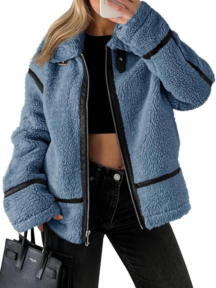 Tankaneo Womens Faux Fur Jackets Winter Trendy Sherpa Moto Leather Patchwork Zip Up Coat | Amazon (US)