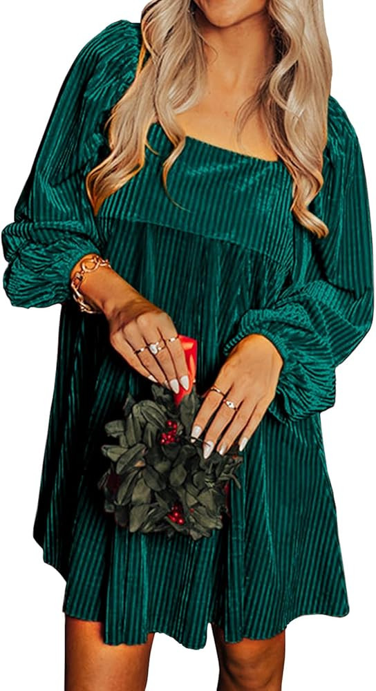 miduo Womens Loose Fit Square Neck Long Sleeve Velvet Mini Babydoll Dresses Shift Dress | Amazon (US)