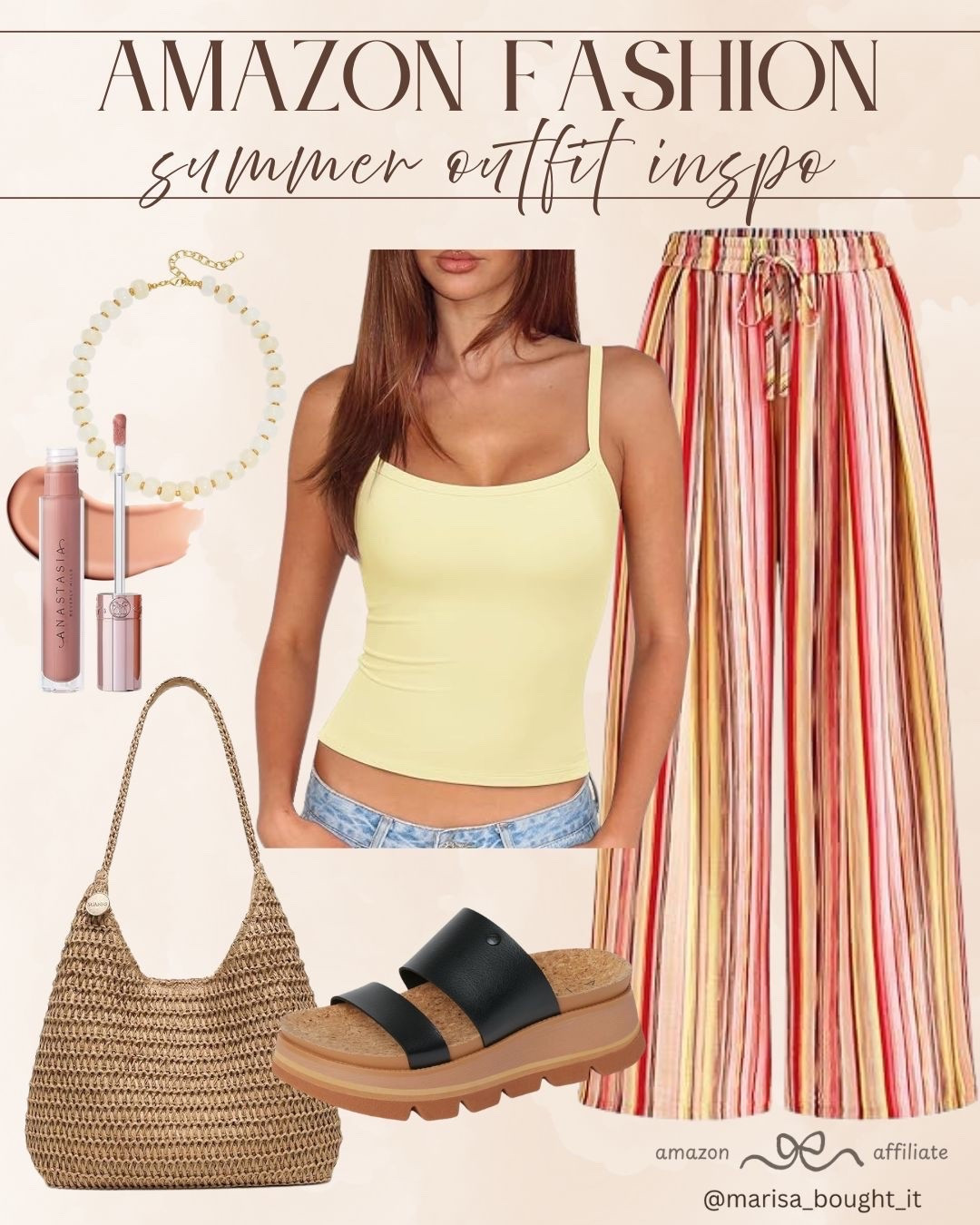 I am completely obsessed with these vibrant, striped wide-leg pants for the sunny season! Pairing them with a simple pale yellow tank top creates the ultimate effortless, breezy look. 💛

To finish off this style, I added a woven straw tote bag, comfortable black platform sandals, a beaded necklace, and my go-to Anastasia Beverly Hills lip gloss.

#liketk #ltkstyletip #ltkunder50 #ltksummer #amazonfashion #amazonfinds #summeroutfit #widelegpants #casualstyle #vacationootd #beachvibes #everydaylook

#LTKootd #LTKSeasonal