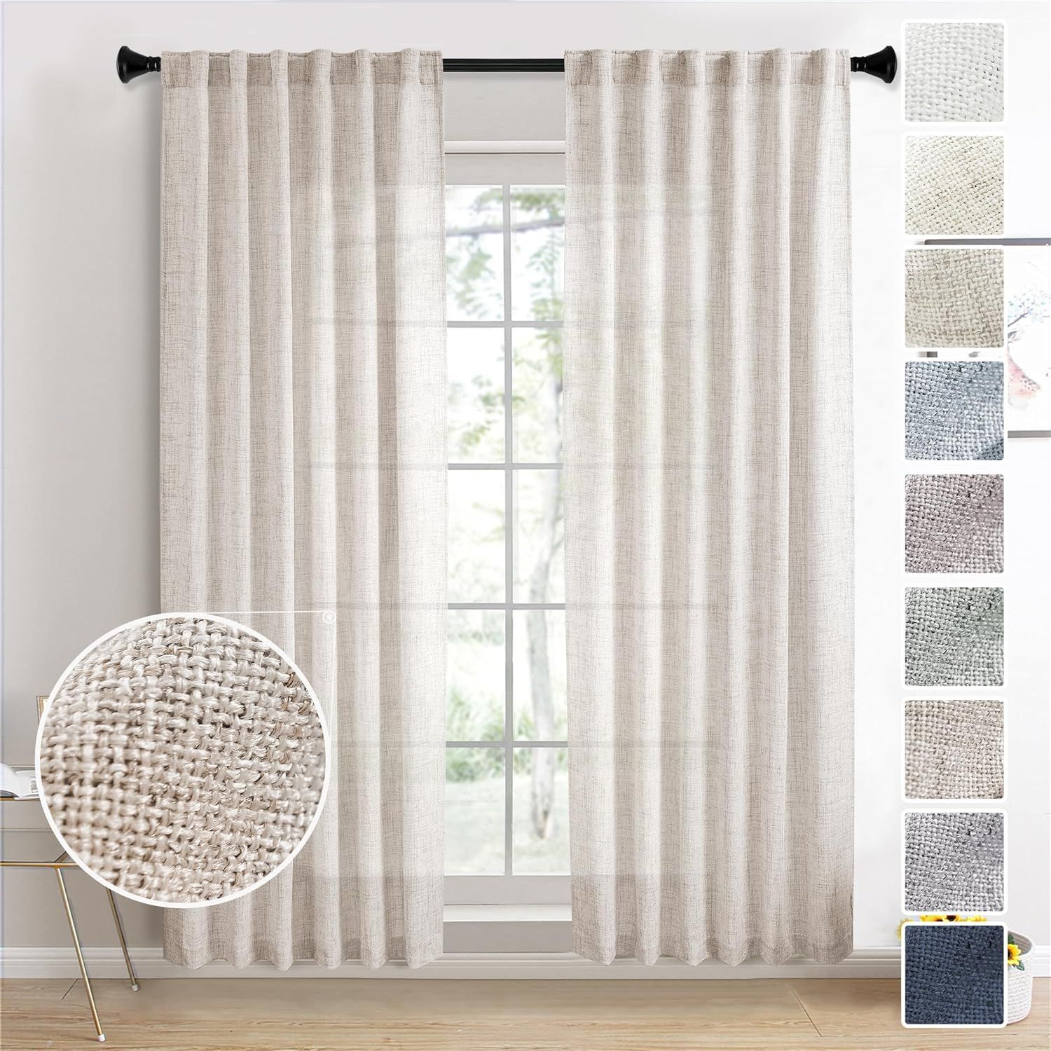 MEETBILY Curtains Panels for Back Tab Semi Sheer, Linen Textured Drapes Rod Pocket, Flax Curtains... | Amazon (CA)