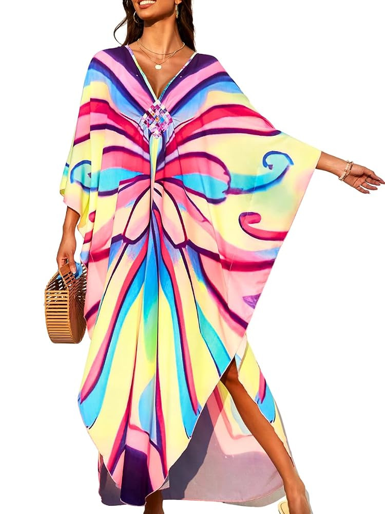 Print Moo-Moos for Women, Kaftan Cover-Up Dresses, Sexy V-Neck High-Slit, Beach Pool-Party Coveru... | Amazon (US)