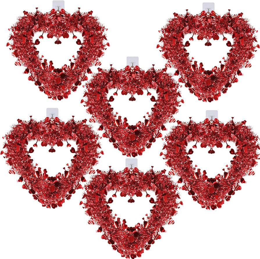 6 Pack Red Valentine Heart Wreaths Tinsel Heart Shaped Wreaths with Foil Hearts Hanging Valentine... | Amazon (US)