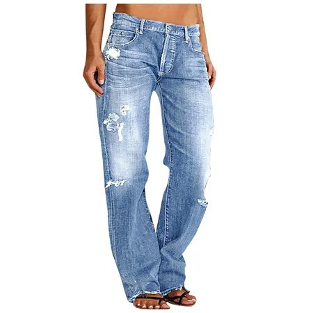 Bigersell Straight Jeans Women High Waisted Ripped Jeans with Destroyed Hole Straight Leg Jeans Full Length Denim Pants Trousers Button Closure Light BlueXS | Walmart (US)
