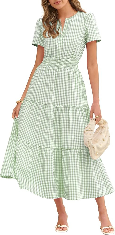 Caracilia Womens Summer Maxi Dresses 2026 Spring Casual V Neck Short Sleeve Gingham Flowy A-Line ... | Amazon (US)