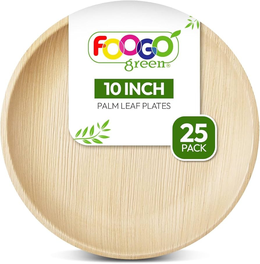 FOOGO Green 25 Disposable Palm Leaf Plates, 10" Large Round, Eco-Friendly, Biodegradable, Like Ba... | Amazon (US)