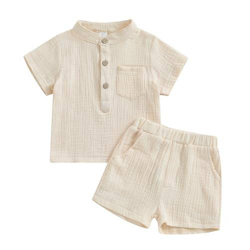 Eurvoku Toddler Baby Boy Summer Clothes Muslin Button Up Short Sleeve Henley Shirts Tops Shorts Set Cute Summer Outfits (A-Beige, 18-24 Months) | Amazon (US)
