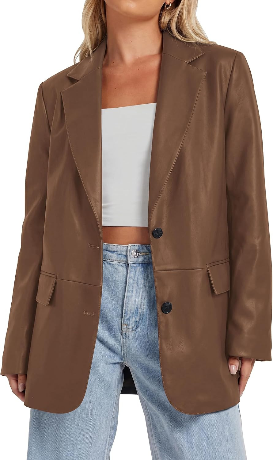 KIRUNDO Faux Leather Jacket Women Loose Casual Blazer With Flap Pockets | Amazon (US)
