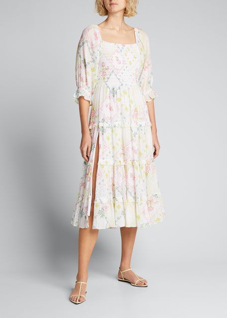 LoveShackFancy Capri Smocked 3/4-Sleeve Midi Dress | Bergdorf Goodman