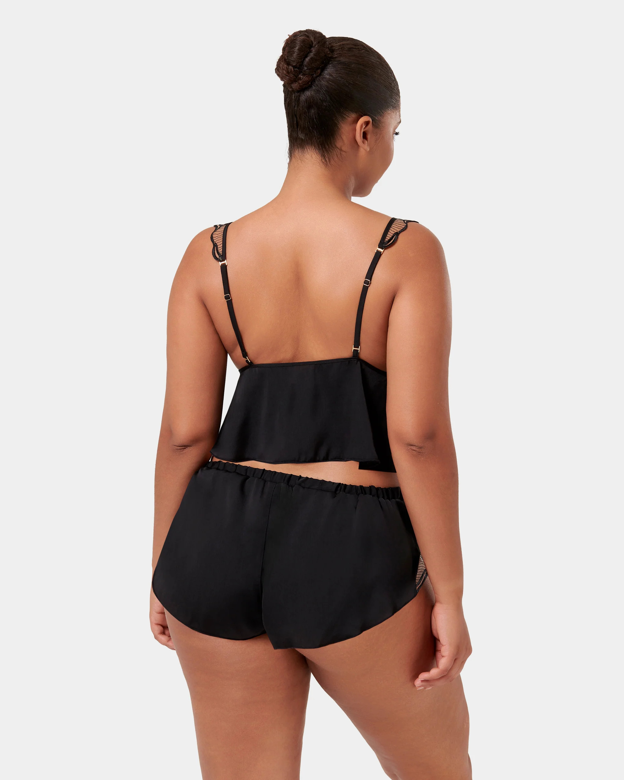 Marabel Luxury Satin Cami and Short Set Black/Sheer | Bluebella