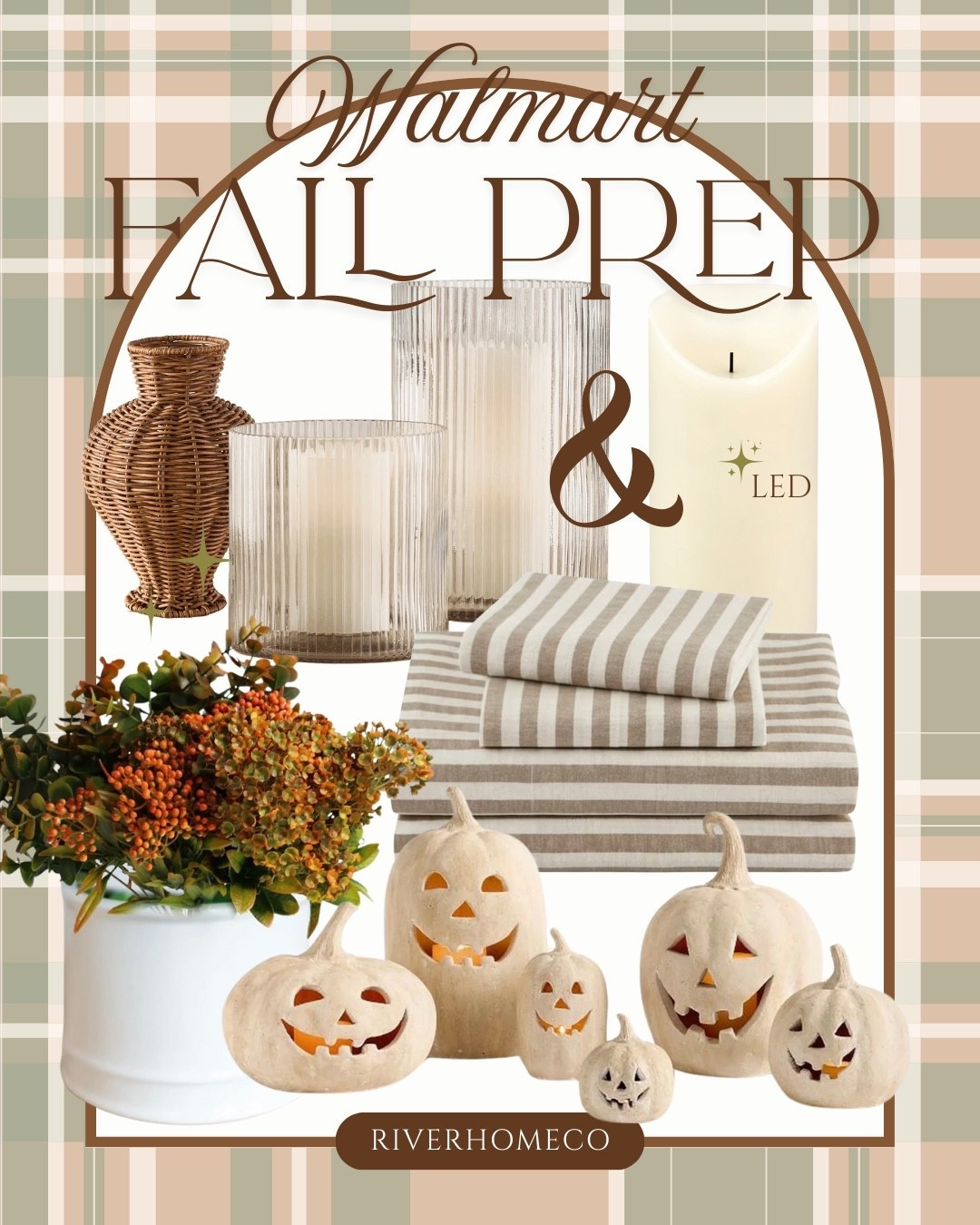 Elevated fall finds at Walmart that feel designer-inspired and timeless. Loving elegant hurricane vases with LED flameless candles, luxury brown striped sheets, paper-mâché pumpkins that are perfect Pottery Barn dupes, faux florals that look real, and a rattan vase that’s perfect for the season. Shop my full designer-inspired Walmart fall edit via my LTK link. #FallHomeDecor #DesignerInspiredHome #WalmartHomeFinds #ClassicCoastalStyle #ShopMyLTK

#LTKHome