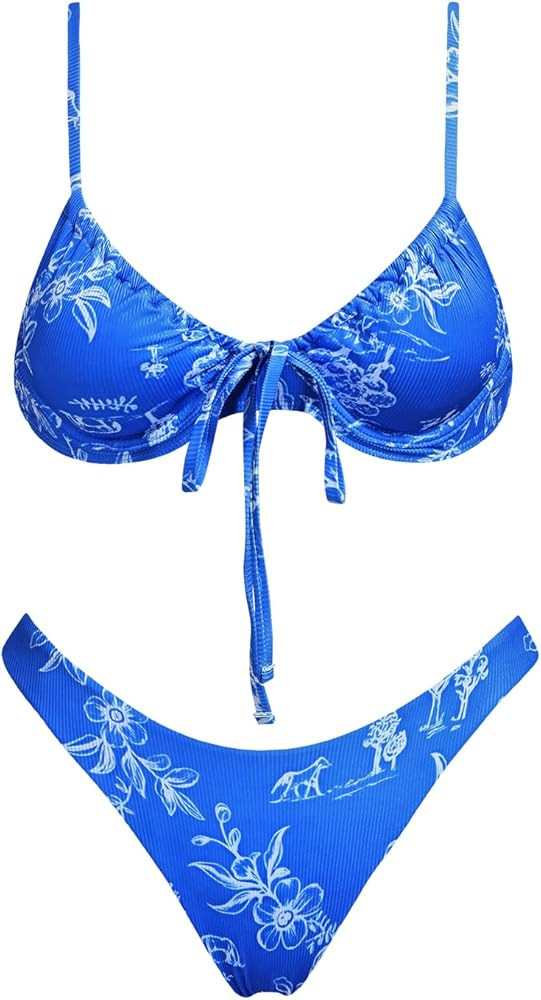 Women's Triangle Bikini Set Swimsuit Print Push Up Elastic Tie String Top Ribbed Two Piece Bathing Suit | Amazon (US)