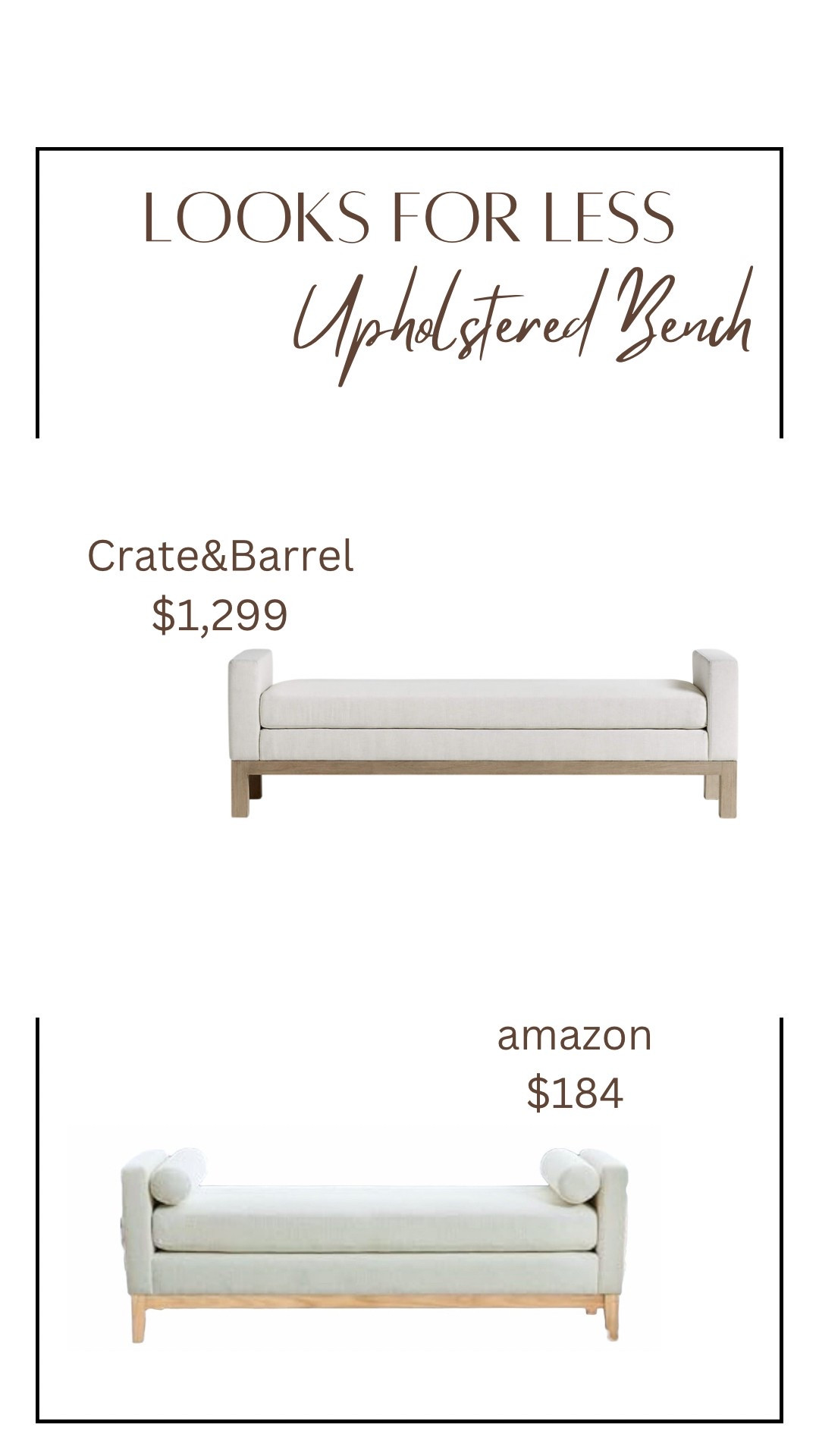 This Upholstered bench from Crate & Barrel has such a sleek look and works in a variety of spaces and styles. However - the price tag is heavy. This affordable option from amazon is under $200 and gives the same impression.  Which would you choose?

#LTKHome #LTKSaleAlert