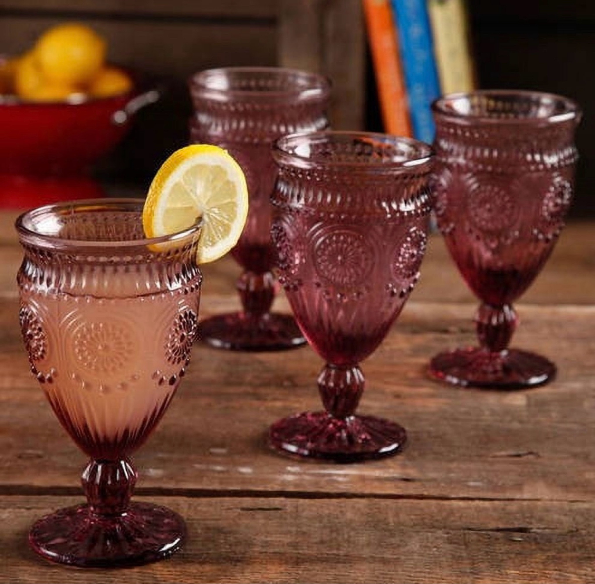 If you’re looking for some fancy glasses for your next patio get-together, the Pioneer Woman ones are perfect! 🍋☀️

The glasses come in this purple/pinkish color, clear, and turquoise ✨