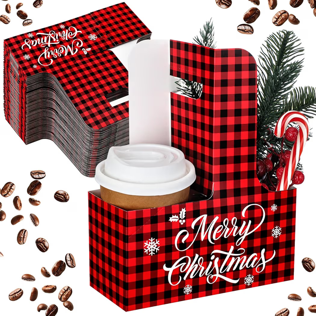 30 Pcs Christmas 2 Cup Drink Carrier with Handle Red and Black Buffalo Plaid Paper Cup Holder Bul... | Amazon (US)
