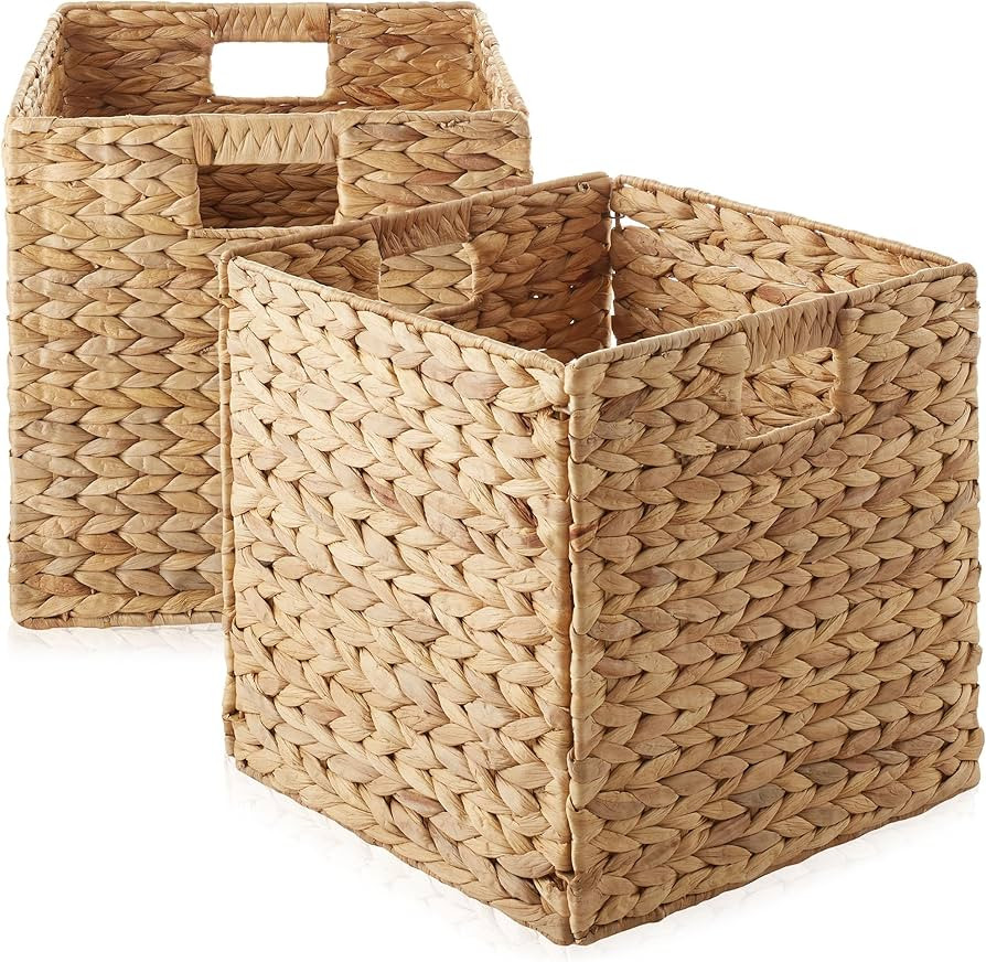 Casafield 13" x 13" Water Hyacinth Storage Baskets, Natural - Set of 2 Collapsible Cube Organizer... | Amazon (US)