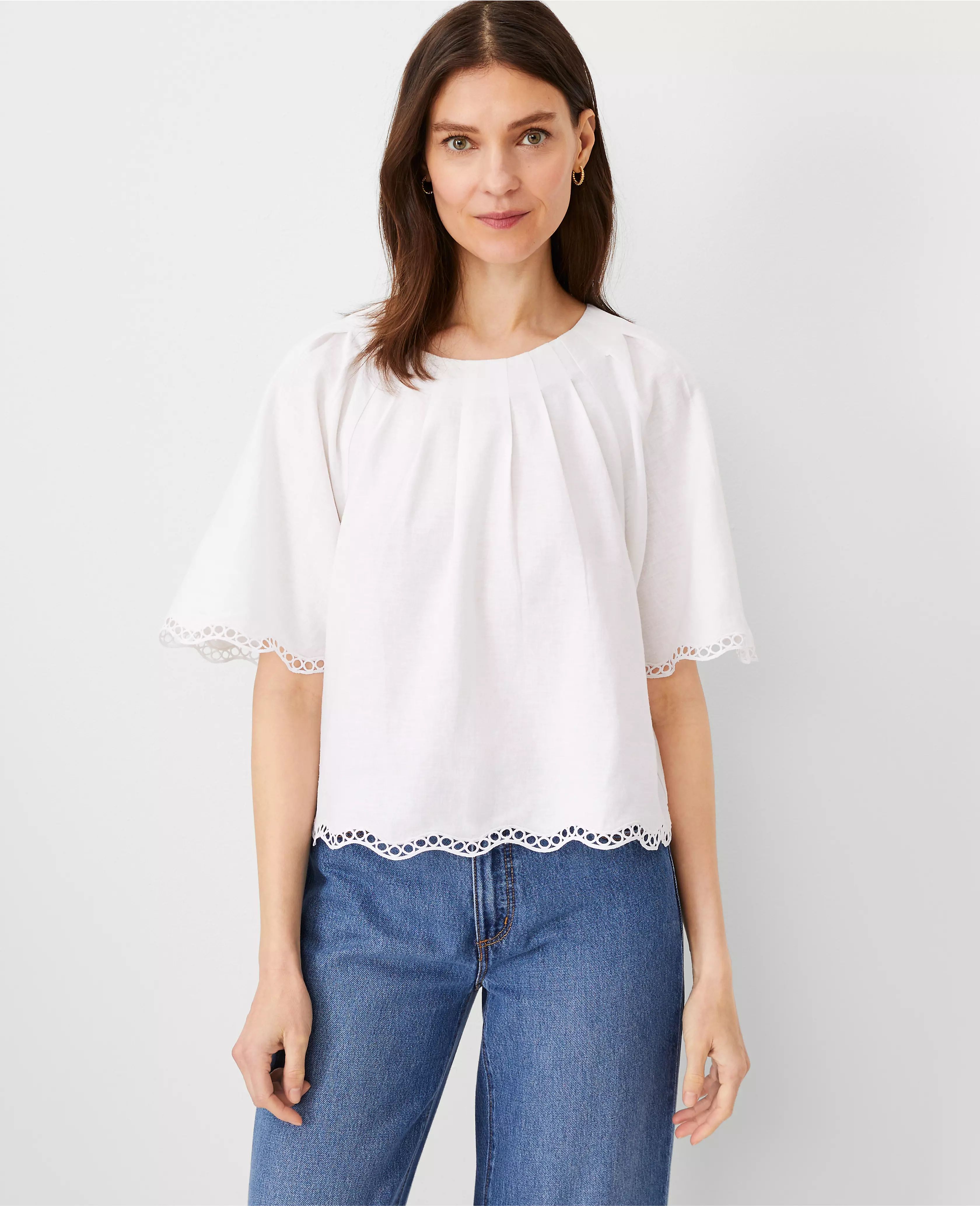 Linen Blend Pleat Neck Blouse | Ann Taylor (US)