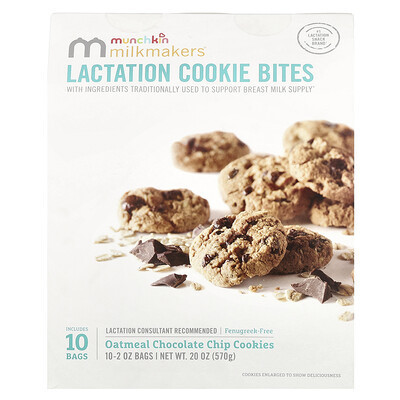 Munchkin, Milkmakers®, Lactation Cookie Bites, Oatmeal Chocolate Chip Cookies, 10 Bags, 2 oz (57 g) Each | iHerb