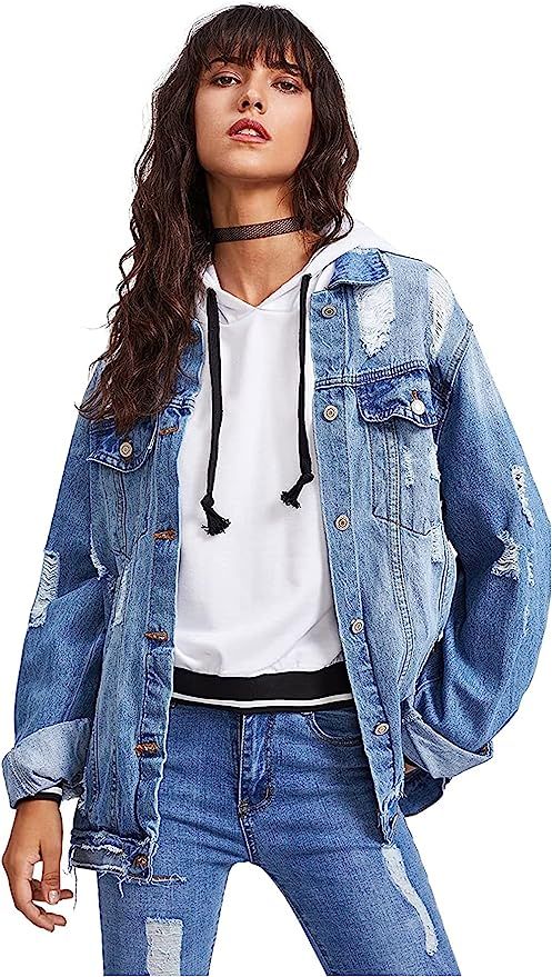 Floerns Women's Ripped Distressed Casual Long Sleeve Denim Jacket | Amazon (US)