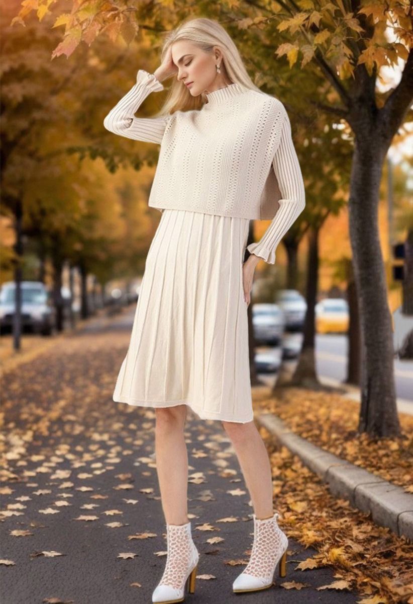 Mock Neck Pleated Knit Twinset Dress in Cream | Chicwish