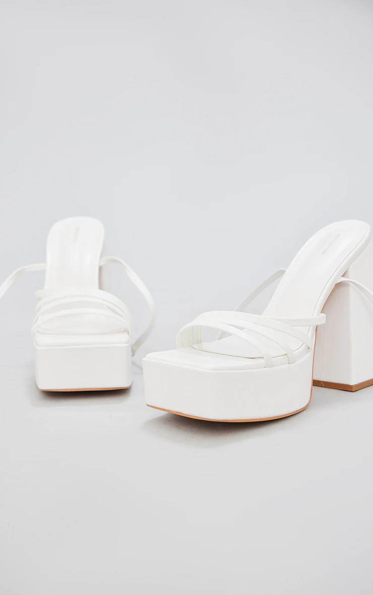 White Pu Square Toe Platform Strappy Heeled Sandals | PrettyLittleThing US